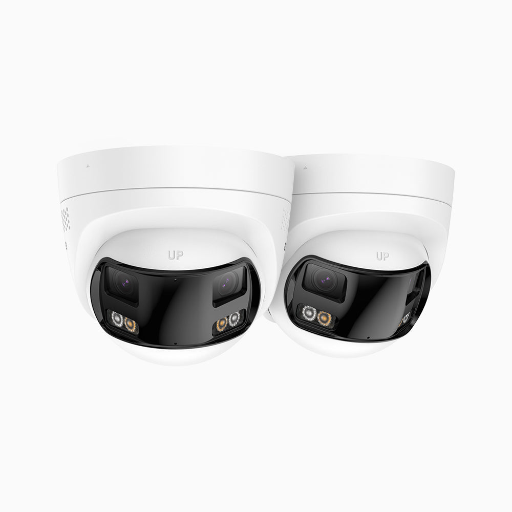 FCD800 - Kit Di 2 Telecamera di sicurezza panoramica per esterni PoE a 4K doppia lente, vista panoramica a 180°, visione notturna intelligente a doppia luce, audio bidirezionale, sirena e allarme attivi, rilevamento persone e veicoli, IP67
