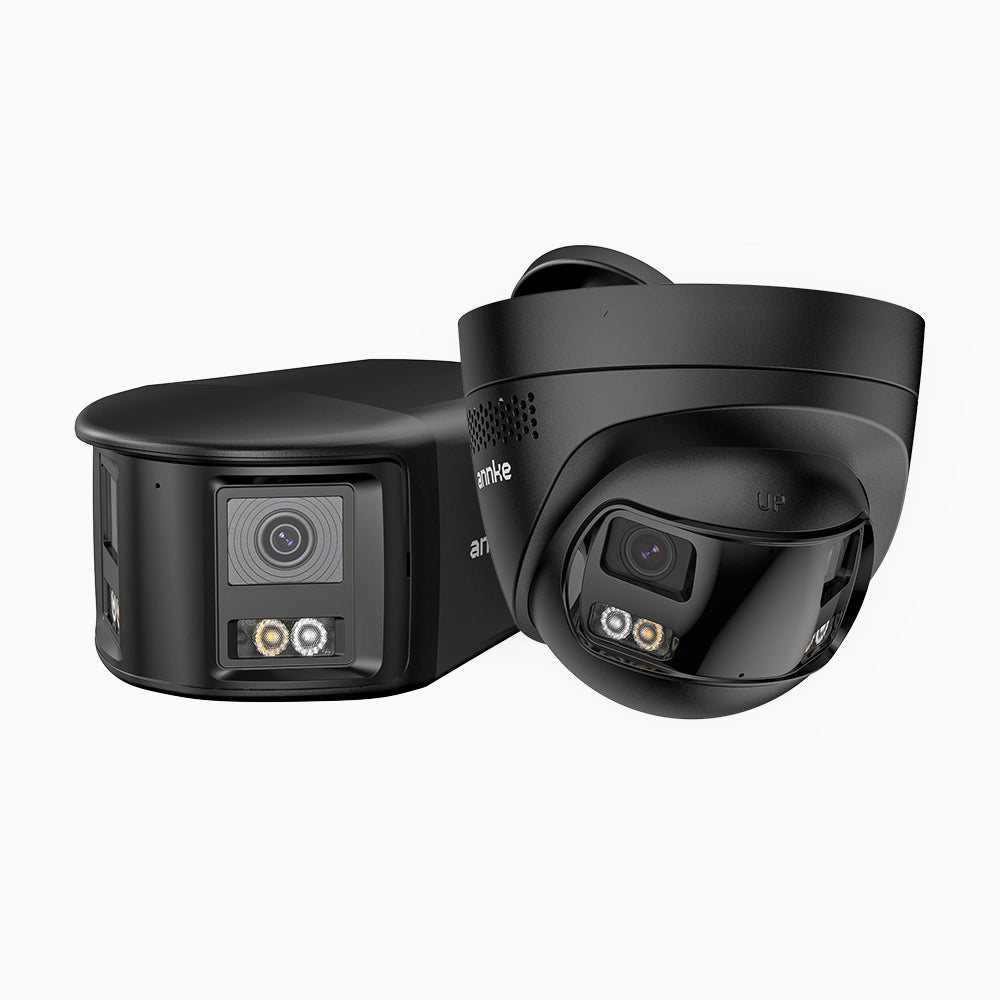 FCD800 - Kit Di 2 Telecamera di sicurezza panoramica per esterni PoE a 4K doppia lente, vista panoramica a 180°, visione notturna intelligente a doppia luce, audio bidirezionale, sirena e allarme attivi, rilevamento persone e veicoli, IP67