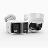 FCD800 - Kit Di 2 Telecamera di sicurezza panoramica per esterni PoE a 4K doppia lente, vista panoramica a 180°, campo visivo verticale di 77°, visione notturna intelligente a colori, deterrenza attiva e audio bidirezionale