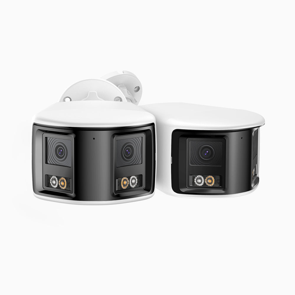 FCD800 - Kit Di 2 Telecamera di sicurezza panoramica per esterni PoE a 4K doppia lente, vista panoramica a 180°, visione notturna intelligente a doppia luce, audio bidirezionale, sirena e allarme attivi, rilevamento persone e veicoli, IP67