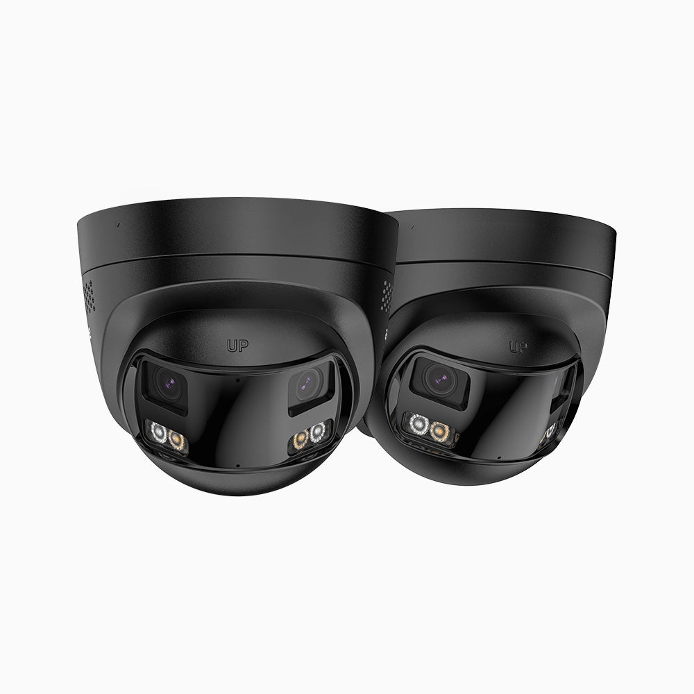 FCD800 - Kit Di 2 Telecamera di sicurezza panoramica per esterni PoE a 4K doppia lente, vista panoramica a 180°, visione notturna intelligente a doppia luce, audio bidirezionale, sirena e allarme attivi, rilevamento persone e veicoli, IP67