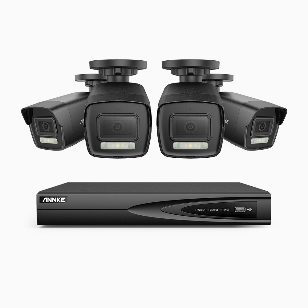 H500P - Kit videosorveglianza PoE 4 canali con 4 telecamera 3K, visione notturna a colori, microfono integrato, IP67, supporta ONVIF e RTSP