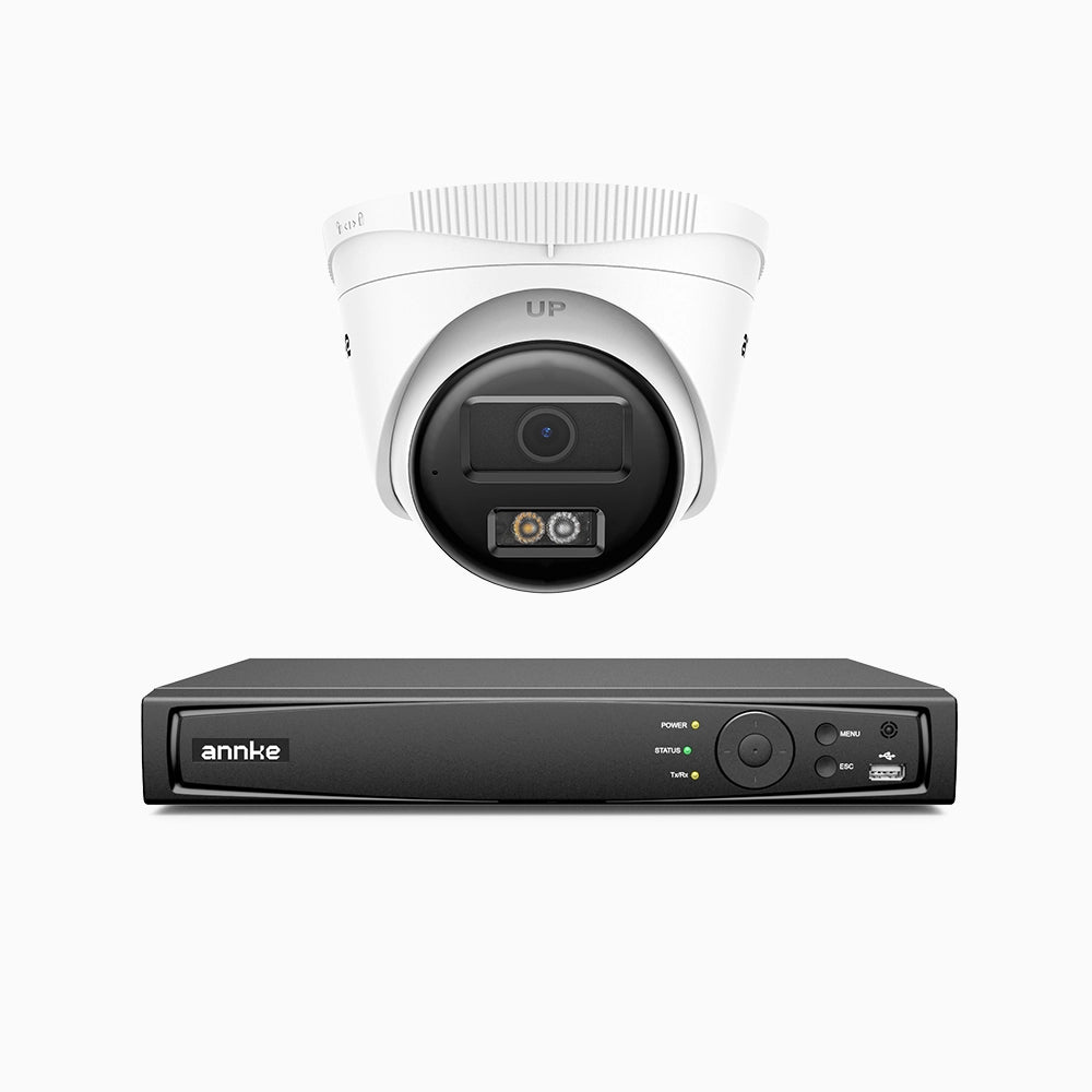 H500 - Kit videosorveglianza PoE 4 canali con 1 telecamera 5 MPX, Visione notturna intelligente a doppia luce, 3072 × 1728 @ 20 fps, rilevamento intelligente di persone e veicoli, microfono integrato, IP67