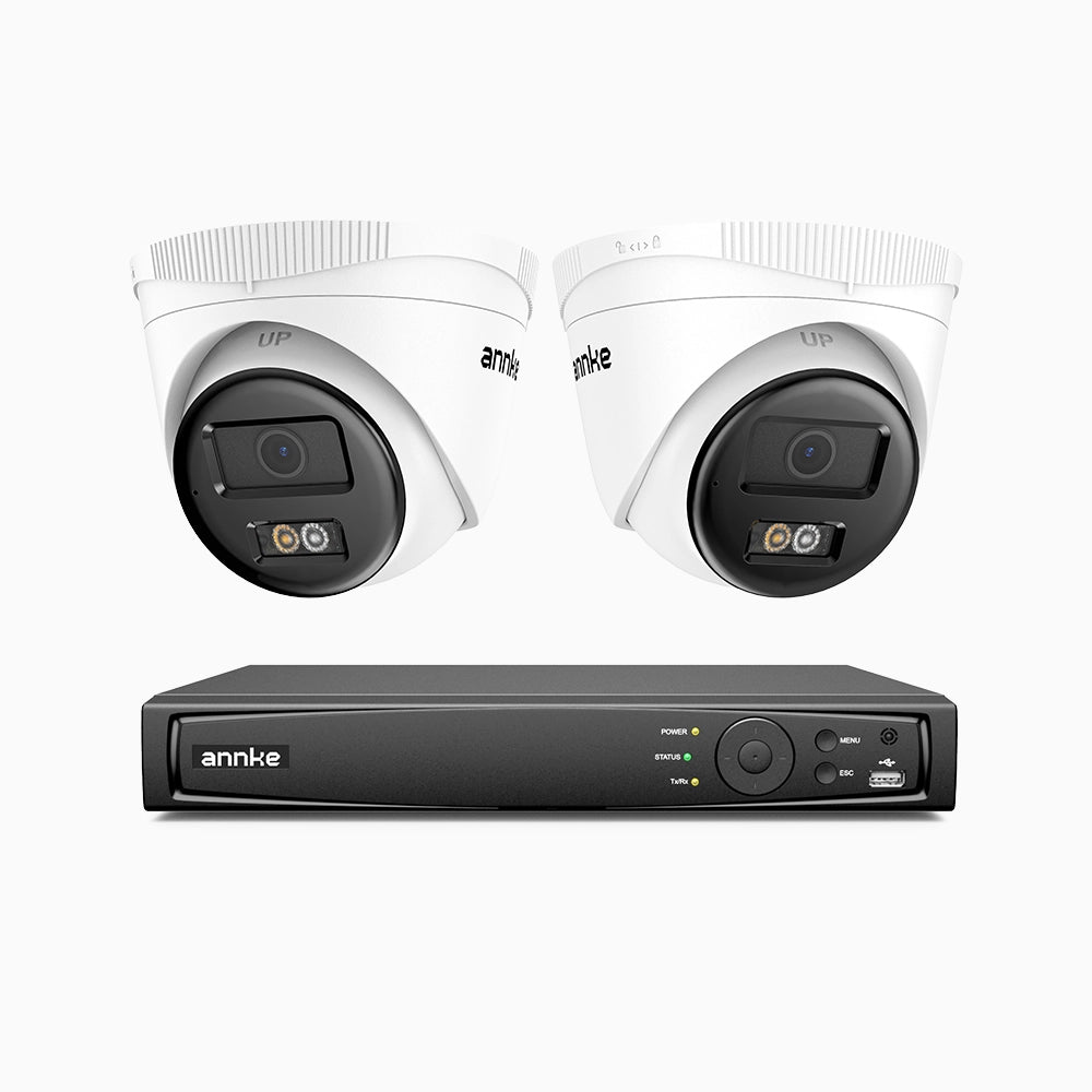 H500 - Kit videosorveglianza PoE 4 canali con 2 telecamere 5 MPX, Visione notturna intelligente a doppia luce, 3072 × 1728 @ 20 fps, rilevamento intelligente di persone e veicoli, microfono integrato, IP67