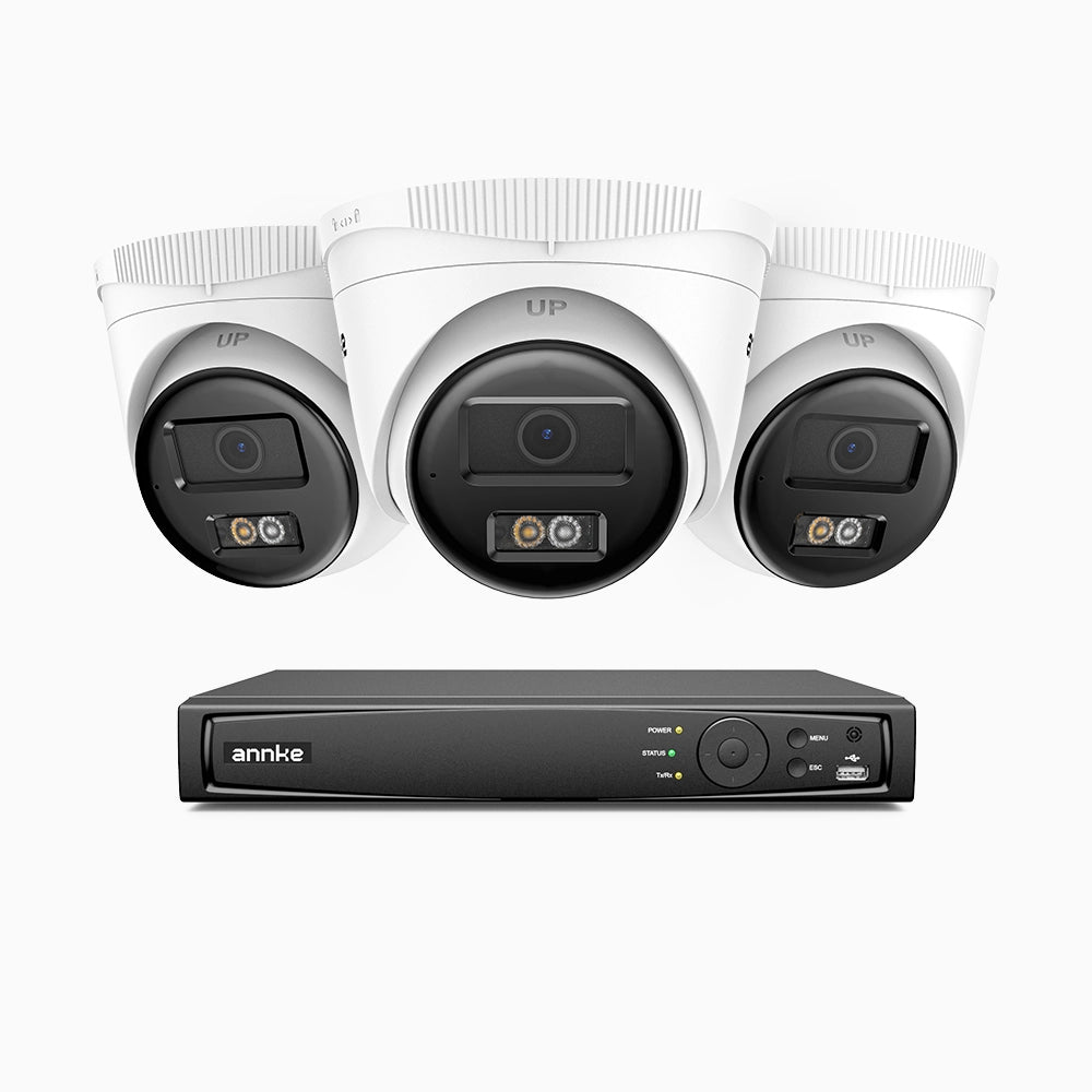 H500 - Kit videosorveglianza PoE 4 canali con 3 telecamere 5 MPX, Visione notturna intelligente a doppia luce, 3072 × 1728 @ 20 fps, rilevamento intelligente di persone e veicoli, microfono integrato, IP67