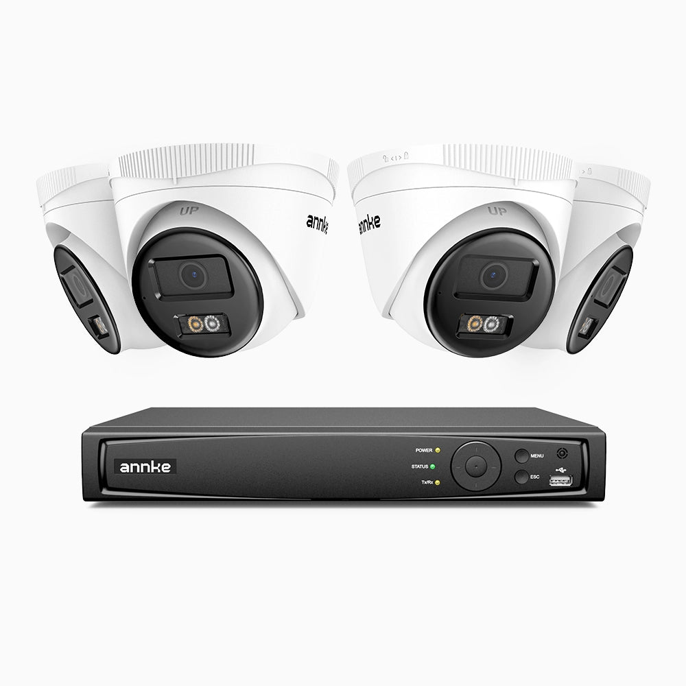 H500 - Kit videosorveglianza PoE 4 canali con 4 telecamere 5 MPX, Visione notturna intelligente a doppia luce, 3072 × 1728 @ 20 fps, rilevamento intelligente di persone e veicoli, microfono integrato, IP67