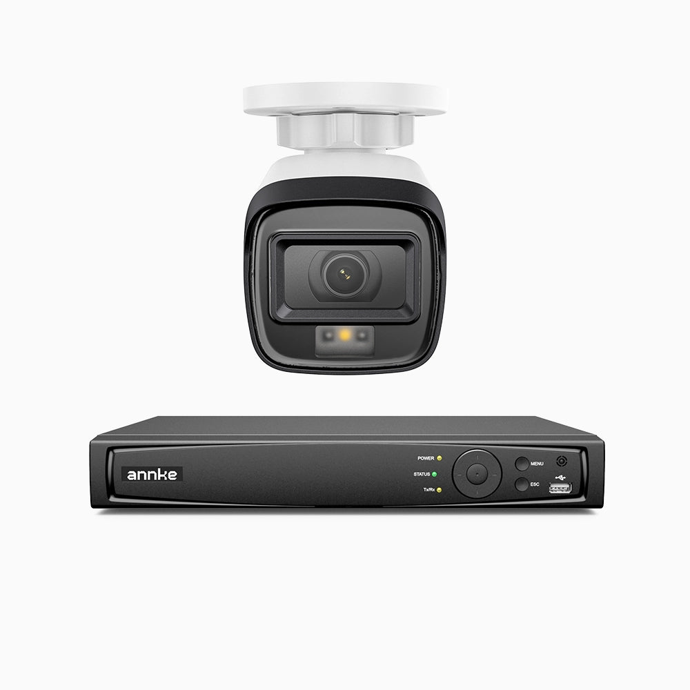 H500 - Kit videosorveglianza PoE 4 canali con 1 telecamera 5 MPX, Visione notturna intelligente a doppia luce, 3072 × 1728 @ 20 fps, rilevamento intelligente di persone e veicoli, microfono integrato, IP67