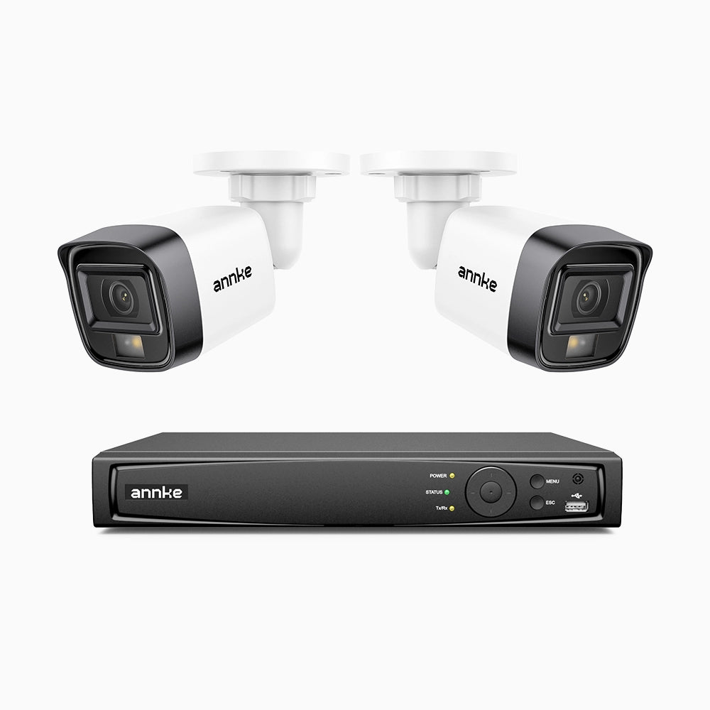 H500 - Kit videosorveglianza PoE 4 canali con 2 telecamere 5 MPX, Visione notturna intelligente a doppia luce, 3072 × 1728 @ 20 fps, rilevamento intelligente di persone e veicoli, microfono integrato, IP67
