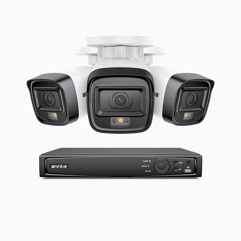 H500 - Kit videosorveglianza PoE 4 canali con 3 telecamere 5 MPX, Visione notturna intelligente a doppia luce, 3072 × 1728 @ 20 fps, rilevamento intelligente di persone e veicoli, microfono integrato, IP67