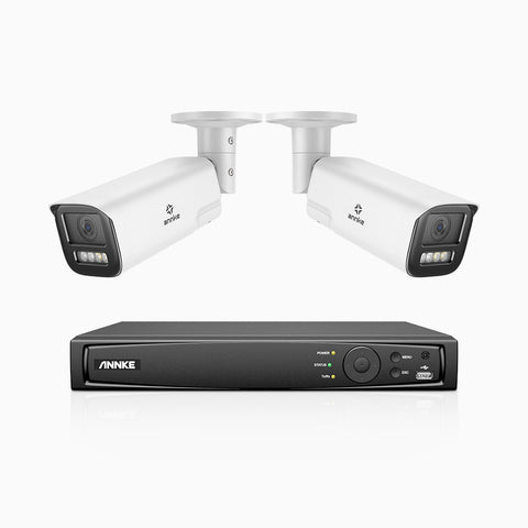 AZH800 - Kit videosorveglianza PoE 4 canali con 2 telecamere 4K, zoom ottico 4X, doppia luce visione notturna, rilevamento del movimento 2.0, Microfono integrato, sirena e allarme stroboscopico
