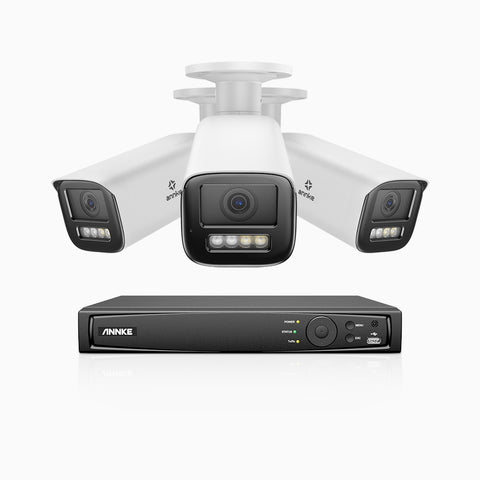 AZH800 - Kit videosorveglianza PoE 4 canali con 3 telecamere 4K, zoom ottico 4X, doppia luce visione notturna, rilevamento del movimento 2.0, Microfono integrato, sirena e allarme stroboscopico