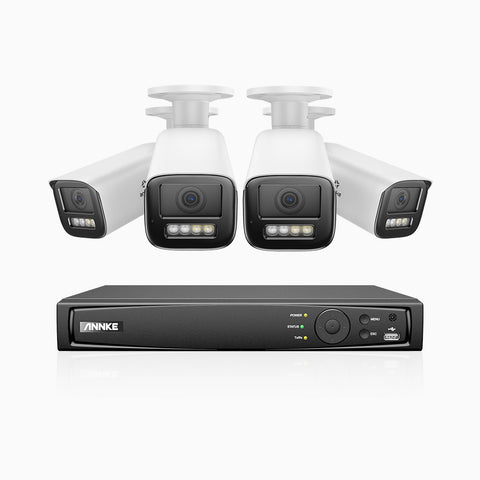 AZH800 - Kit videosorveglianza PoE 4 canali con 4 telecamere 4K, zoom ottico 4X, doppia luce visione notturna, rilevamento del movimento 2.0, Microfono integrato, sirena e allarme stroboscopico