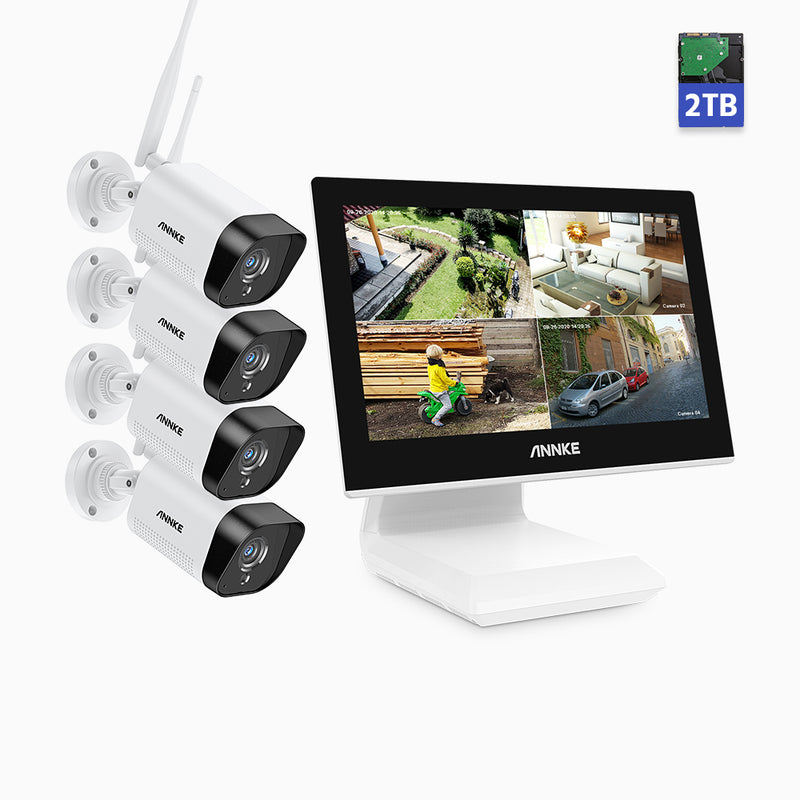WL300 – Kit videosorveglianza wireless con Monitor da 10.1″  3 MPX, NVR WiFi a 4 canali e 4 telecamere, microfono integrato e hard disk da 2 TB riconoscimento umano, funziona con Alexa