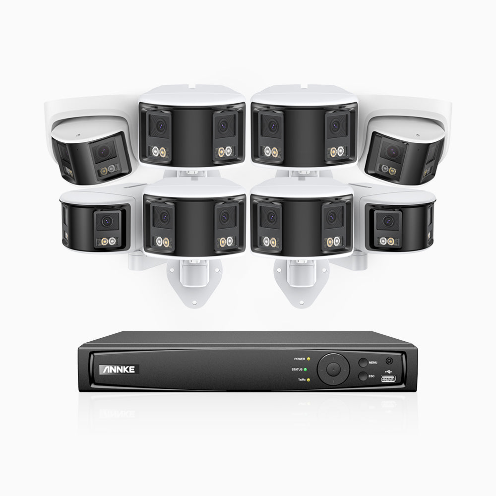 FDH600 - Kit videosorveglianza PoE doppia lente 16 canali 6 MPX, 6 telecamere bullet e 2 telecamere, turretultra grandangolo 180°, super apertura f/1.2, sensore BSI, visione notturna a colori, microfono incorporato
