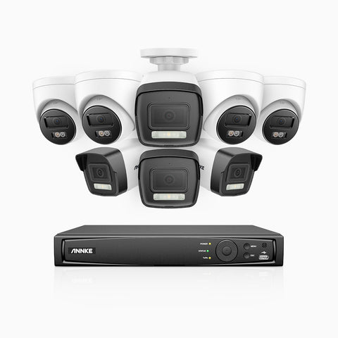 AH500 - Kit videosorveglianza PoE 16 canali 3K, 4 telecamera bullet e 4 telecamera turret, visione notturna a colori e IR, risoluzione 3072*1728, apertura f/1.6 (0.005 lux), rilevamento umano e veicoli, microfono integrato, IP67