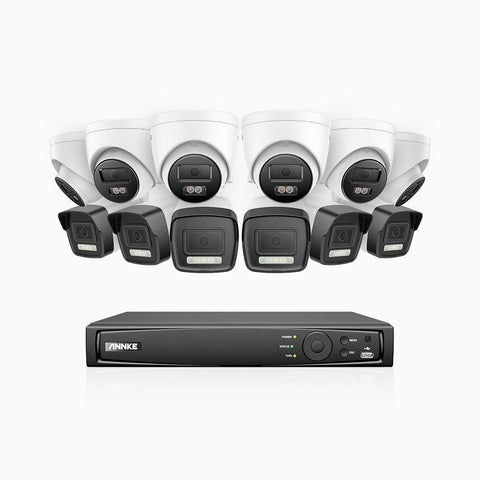 AH500 - Kit videosorveglianza PoE 16 canali 3K, 6 telecamera bullet e 6 telecamera turret, visione notturna a colori e IR, risoluzione 3072*1728, apertura f/1.6 (0.005 lux), rilevamento umano e veicoli, microfono integrato, IP67