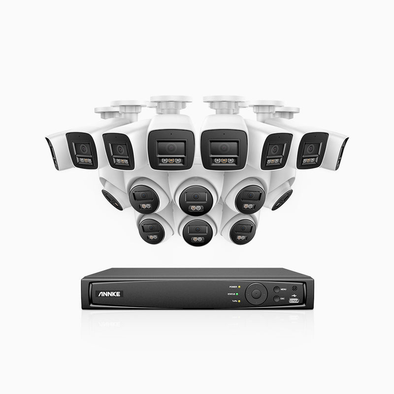 H1200 - 16-channel 4K 12MP PoE video surveillance kit, 8 bullet cameras and 8 turret cameras, visione notturna a colori e IR, Rilevamento umano e veicolare, H.265+, Microfono integrato, Archiviazione locale fino a 512 GB, IP67