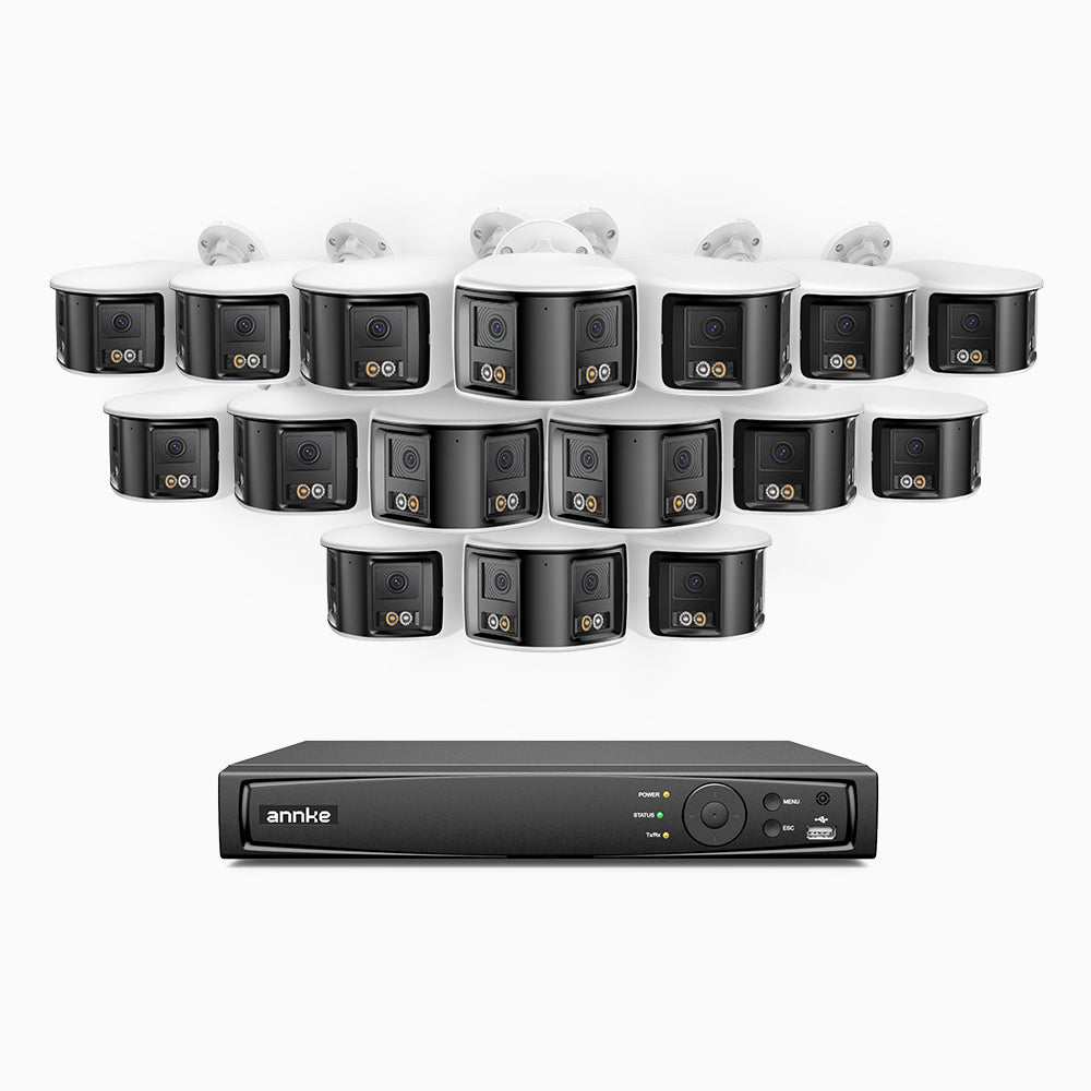FDH600 - 16 Channel PoE Security System with 16 doppia lente telecamere 6MPX, ultra grandangolo 180°, visione notturna intelligente a doppia luce, audio bidirezionale, sirena e allarme attivi, rilevamento persone e veicoli, IP67