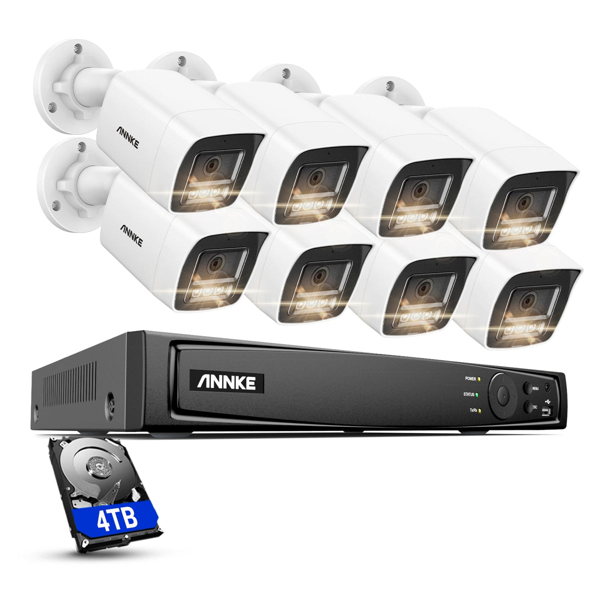 ANNKE Sistema di sorveglianza 4K, 8 telecamere IP PoE da 8 MP con NVR a 16 canali, 4 TB HDD, riconoscimento personale, rilevamento auto, visione notturna 30 m, IP67