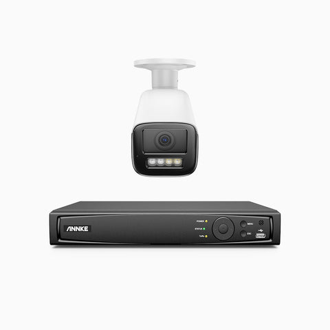AZH800 - Kit videosorveglianza PoE 8 canali con 1 telecamera 4K, zoom ottico 4X, doppia luce visione notturna, rilevamento del movimento 2.0, Microfono integrato, sirena e allarme stroboscopico