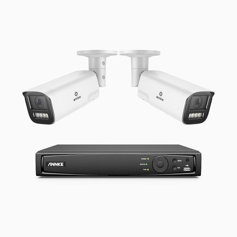 AZH800 - Kit videosorveglianza PoE 8 canali con 2 telecamere 4K, zoom ottico 4X, doppia luce visione notturna, rilevamento del movimento 2.0, Microfono integrato, sirena e allarme stroboscopico