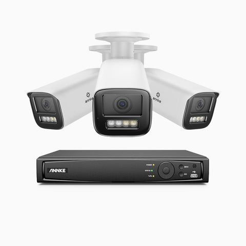 AZH800 - Kit videosorveglianza PoE 8 canali con 3 telecamere 4K, zoom ottico 4X, doppia luce visione notturna, rilevamento del movimento 2.0, Microfono integrato, sirena e allarme stroboscopico