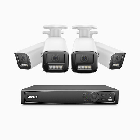 AZH800 - Kit videosorveglianza PoE 8 canali con 4 telecamere 4K, zoom ottico 4X, doppia luce visione notturna, rilevamento del movimento 2.0, Microfono integrato, sirena e allarme stroboscopico
