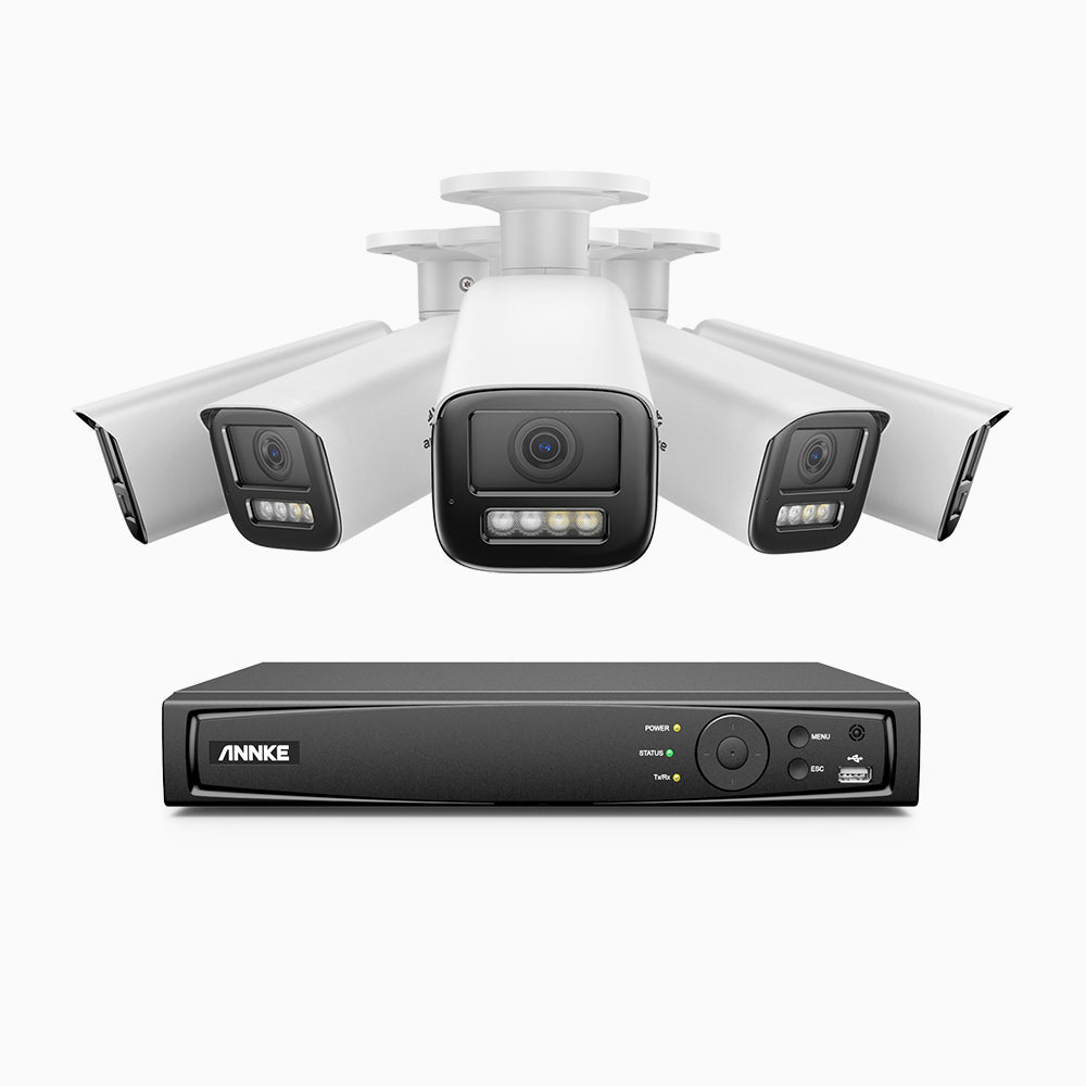 AZH800 - Kit videosorveglianza PoE 8 canali con 5 telecamere 4K, zoom ottico 4X, doppia luce visione notturna, rilevamento del movimento 2.0, Microfono integrato, sirena e allarme stroboscopico