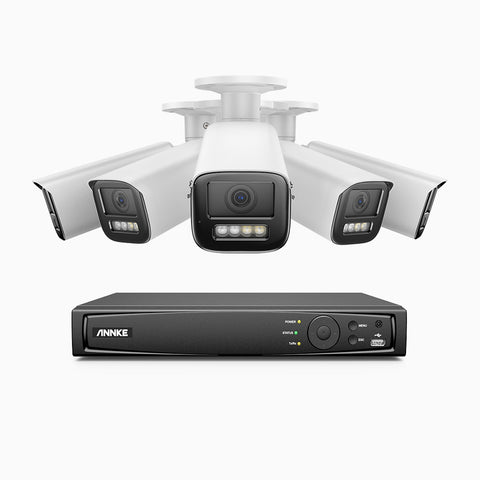 AZH800 - Kit videosorveglianza PoE 8 canali con 5 telecamere 4K, zoom ottico 4X, doppia luce visione notturna, rilevamento del movimento 2.0, Microfono integrato, sirena e allarme stroboscopico