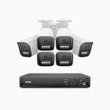 AZH800 - Kit videosorveglianza PoE 8 canali con 6 telecamere 4K, zoom ottico 4X, doppia luce visione notturna, rilevamento del movimento 2.0, Microfono integrato, sirena e allarme stroboscopico