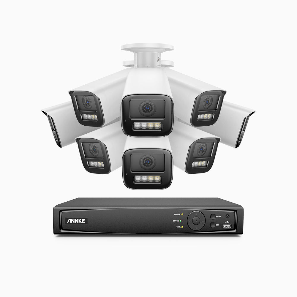 AZH800 - Kit videosorveglianza PoE 8 canali con 8 telecamere 4K, zoom ottico 4X, doppia luce visione notturna, rilevamento del movimento 2.0, Microfono integrato, sirena e allarme stroboscopico