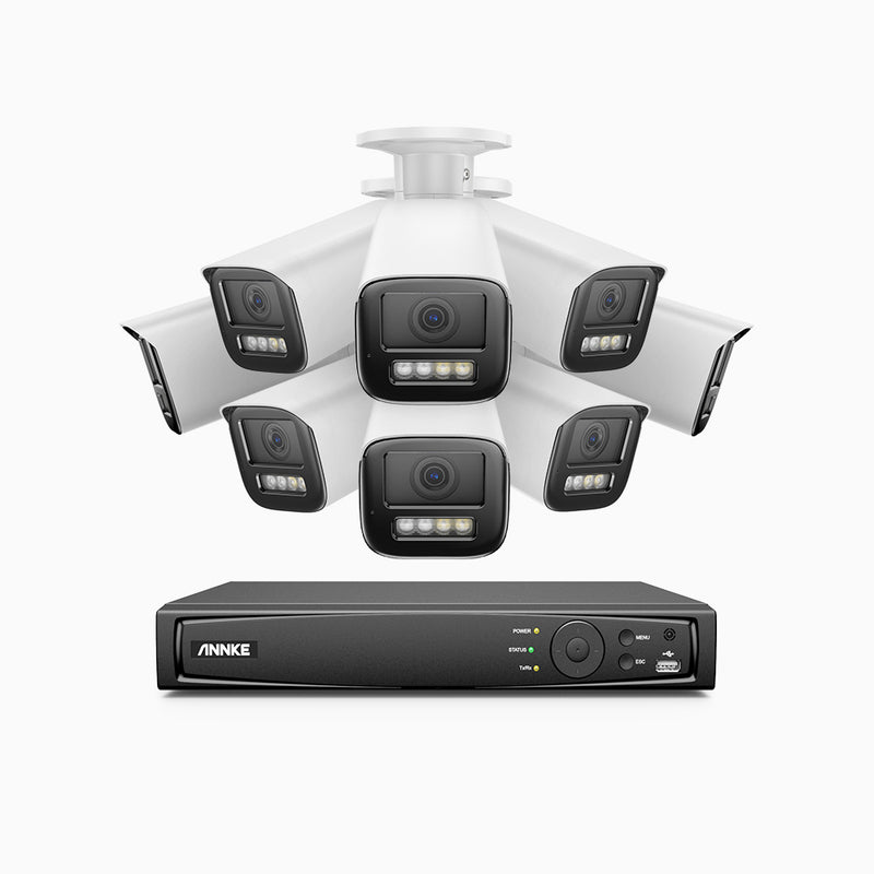 AZH800 - Kit videosorveglianza PoE 8 canali con 8 telecamere 4K, zoom ottico 4X, doppia luce visione notturna, rilevamento del movimento 2.0, Microfono integrato, sirena e allarme stroboscopico
