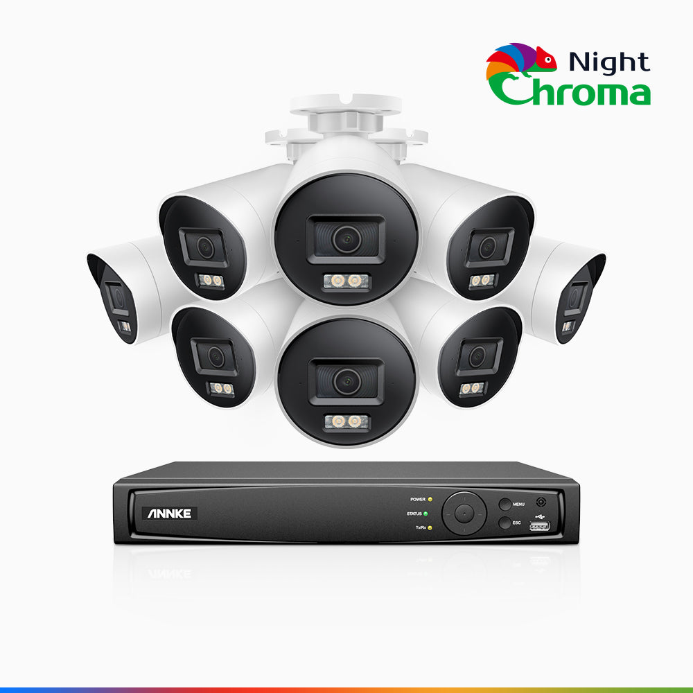 NightChroma<sup>TM</sup> NBRK800 - Kit videosorveglianza PoE 8 canali con 8 telecamere 4K, Esterno con Luci Rosse e Blu Lampeggianti & Sirena, 3840*2160@25 fps, Acme Color & Visione Notturna IR, Rilevamento di Persone & Veicoli, Audio Bidirezionale, IP67