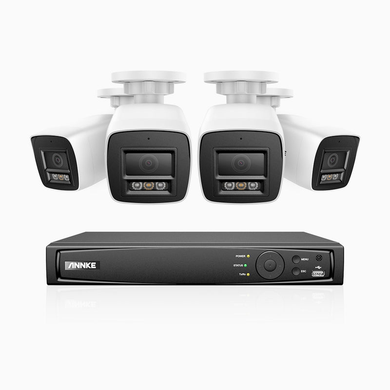 H1200 - 8 channel PoE video surveillance kit with 4 cameras 4K 12MP, visione notturna a colori e IR, Rilevamento umano e veicolare, H.265+, Microfono integrato, Archiviazione locale fino a 512 GB, IP67