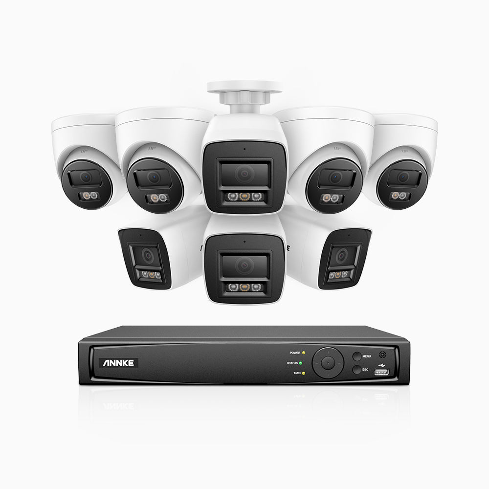 H1200 - 8-channel 4K 12MP PoE video surveillance kit, 4 bullet cameras and 4 turret cameras, visione notturna a colori e IR, Rilevamento umano e veicolare, H.265+, Microfono integrato, Archiviazione locale fino a 512 GB, IP67