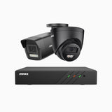 AH500 - Kit videosorveglianza PoE 8 canali 3K, 1 telecamera bullet e 1 telecamera turret, visione notturna a colori e IR, risoluzione 3072*1728, apertura f/1.6 (0.005 lux), rilevamento umano e veicoli, microfono integrato, IP67