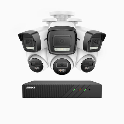 AH500 - Kit videosorveglianza PoE 8 canali 3K, 3 telecamera bullet e 3 telecamera turret, visione notturna a colori e IR, risoluzione 3072*1728, apertura f/1.6 (0.005 lux), rilevamento umano e veicoli, microfono integrato, IP67