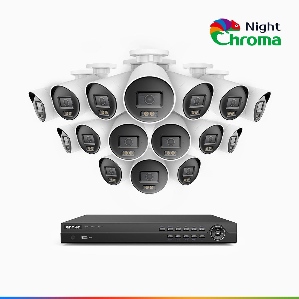 NightChroma<sup>TM</sup> NCK800 - Kit videosorveglianza PoE 16 canali con 16 telecamere 4K, Visione Notturna a Colori Acme, 3840 × 2160 a 30 fps, Rilevamento di Persone e Veicoli, Sirena e Allarme Stroboscopico, Audio Bidirezionale