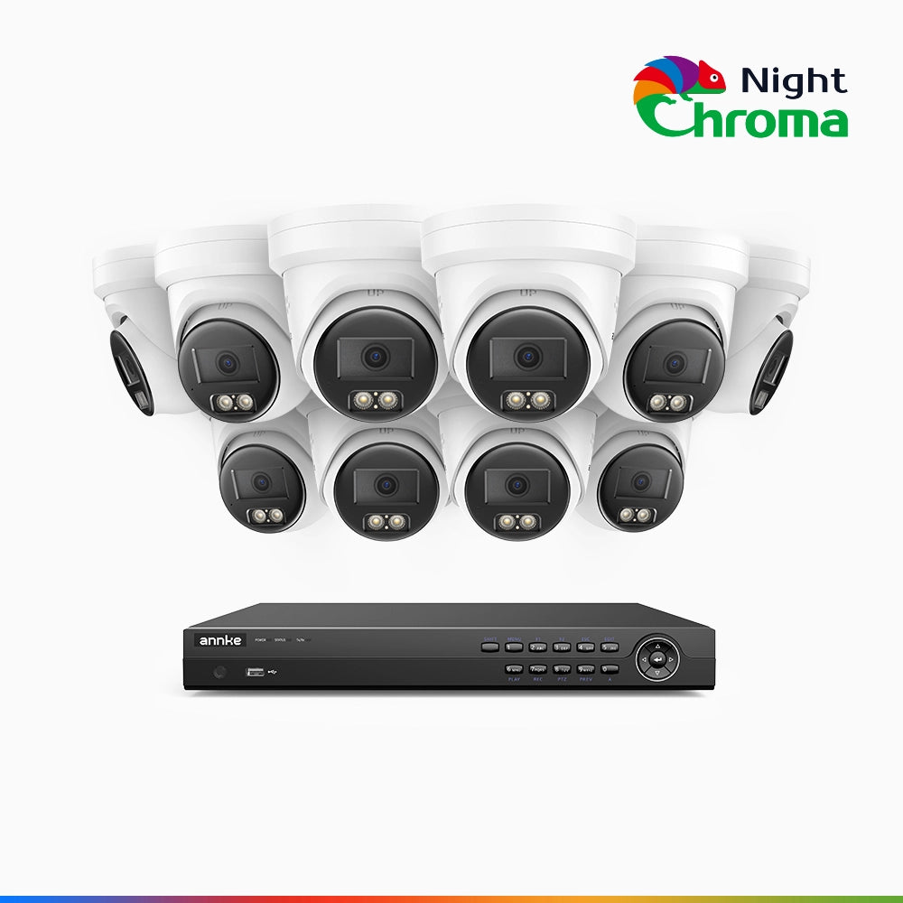 NightChroma<sup>TM</sup> NCK800 - Kit videosorveglianza PoE 16 canali con 10 telecamere 4K, Visione Notturna a Colori Acme, 3840 × 2160 a 30 fps, Rilevamento di Persone e Veicoli, Sirena e Allarme Stroboscopico, Audio Bidirezionale