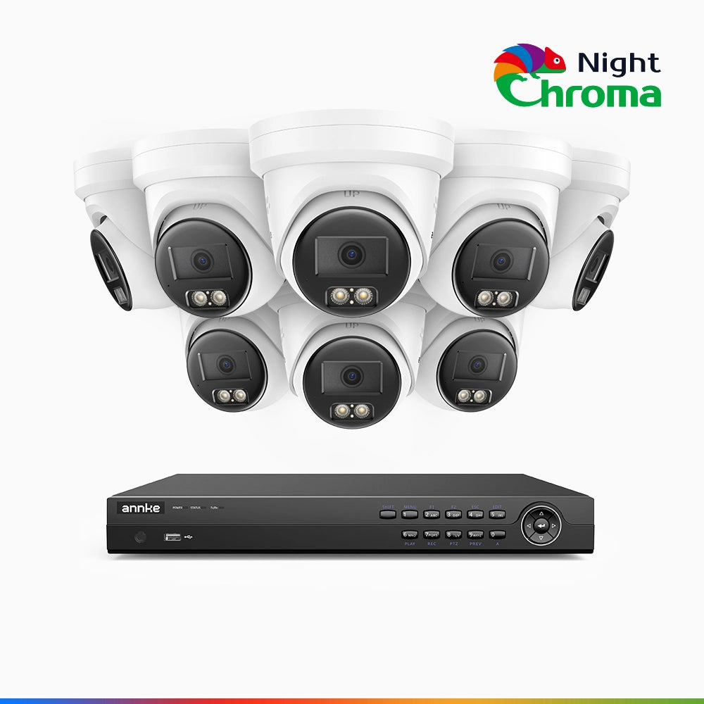 NightChroma<sup>TM</sup> NCK800 - Kit videosorveglianza PoE 16 canali con 8 telecamere 4K, Visione Notturna a Colori Acme, 3840 × 2160 a 30 fps, Rilevamento di Persone e Veicoli, Sirena e Allarme Stroboscopico, Audio Bidirezionale