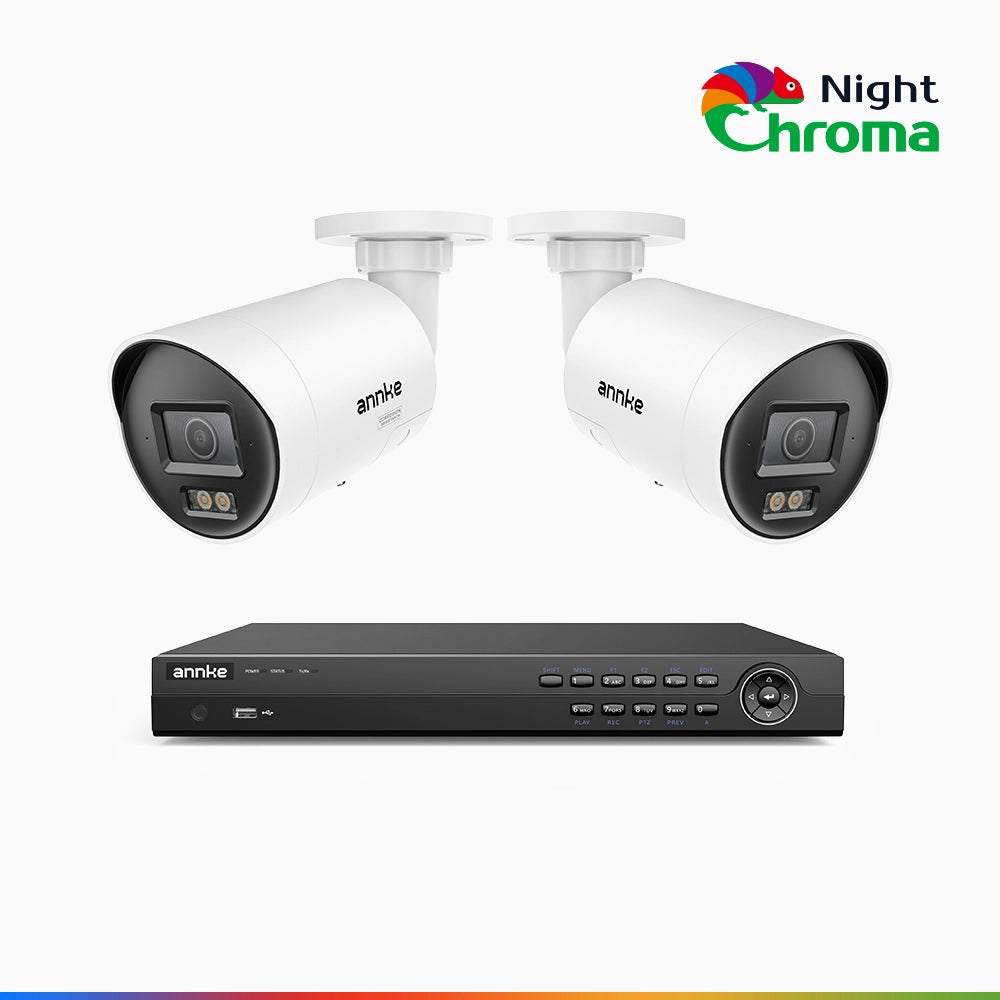 NightChroma<sup>TM</sup> NCK800 - Kit videosorveglianza PoE 8 canali con 2 telecamere 4K, Visione Notturna a Colori Acme, 3840 × 2160 a 30 fps, Rilevamento di Persone e Veicoli, Sirena e Allarme Stroboscopico, Audio Bidirezionale