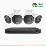 NightChroma<sup>TM</sup> NCK800 - Kit videosorveglianza PoE 8 canali con 4 telecamere 4K, Visione Notturna a Colori Acme, 3840 × 2160 a 30 fps, Rilevamento di Persone e Veicoli, Sirena e Allarme Stroboscopico, Audio Bidirezionale