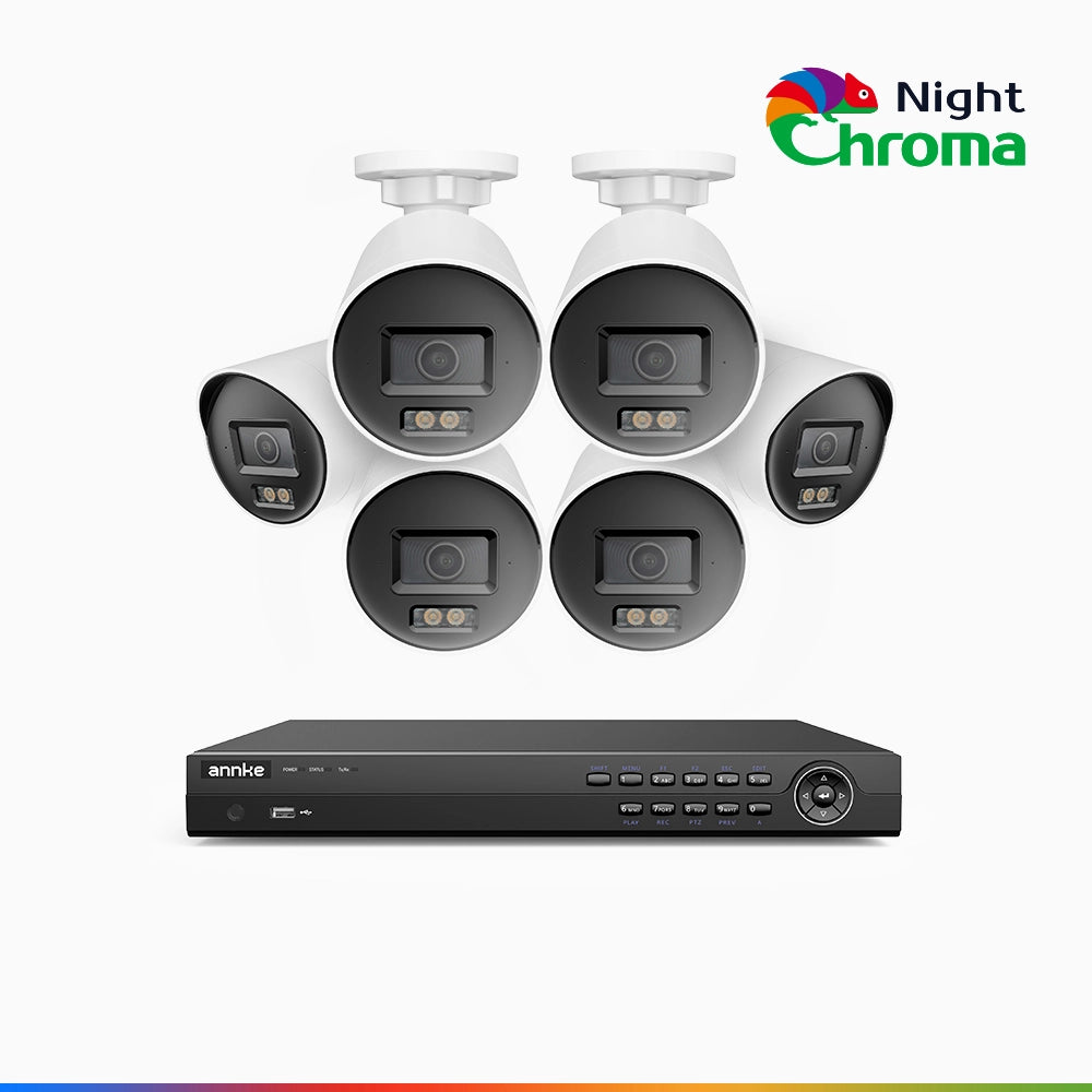 NightChroma<sup>TM</sup> NCK800 - Kit videosorveglianza PoE 8 canali con 6 telecamere 4K, Visione Notturna a Colori Acme, 3840 × 2160 a 30 fps, Rilevamento di Persone e Veicoli, Sirena e Allarme Stroboscopico, Audio Bidirezionale