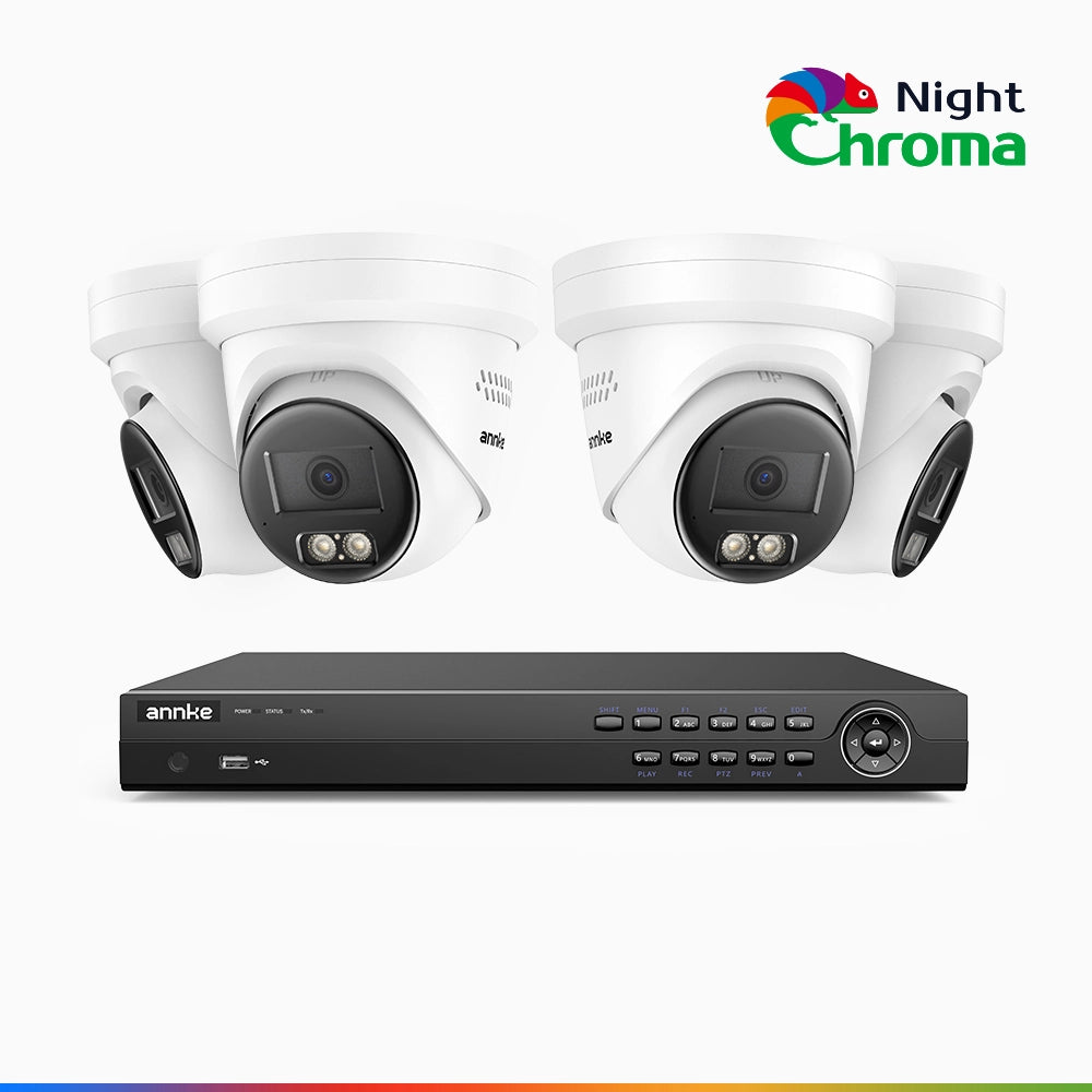 NightChroma<sup>TM</sup> NCK800 - Kit videosorveglianza PoE 8 canali con 4 telecamere 4K, Visione Notturna a Colori Acme, 3840 × 2160 a 30 fps, Rilevamento di Persone e Veicoli, Sirena e Allarme Stroboscopico, Audio Bidirezionale