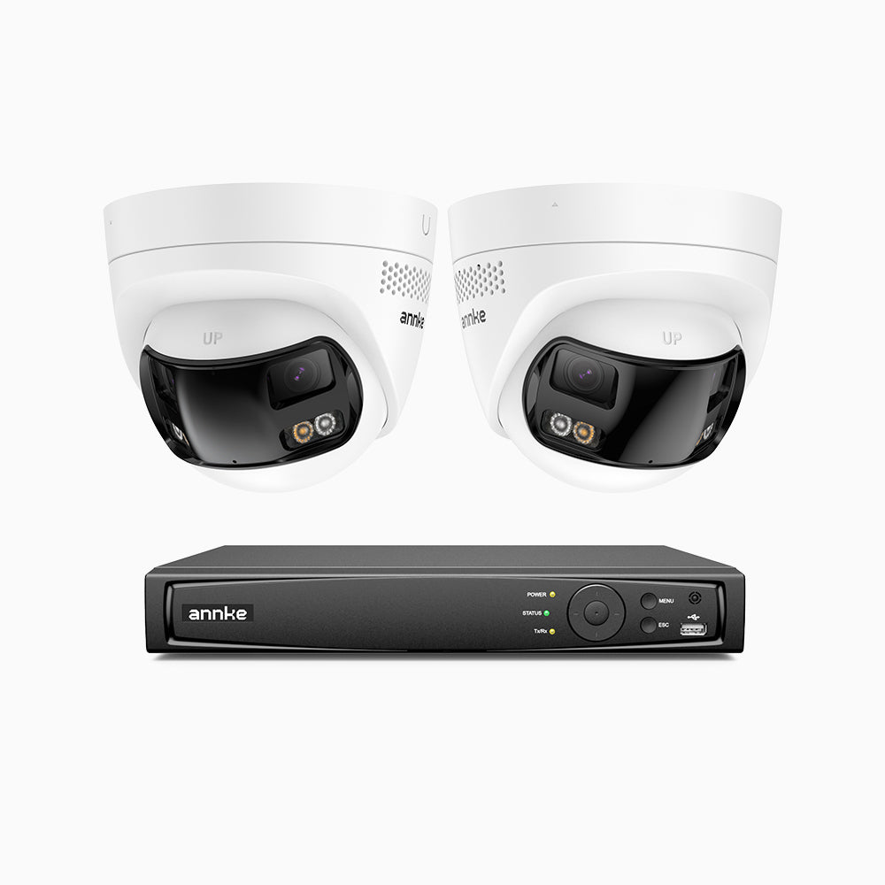FDH600 - Kit videosorveglianza PoE 8 canali con 2 doppia lente telecamere 6MPX, ultra grandangolo 180°, visione notturna intelligente a doppia luce, audio bidirezionale, sirena e allarme attivi, rilevamento persone e veicoli, IP67