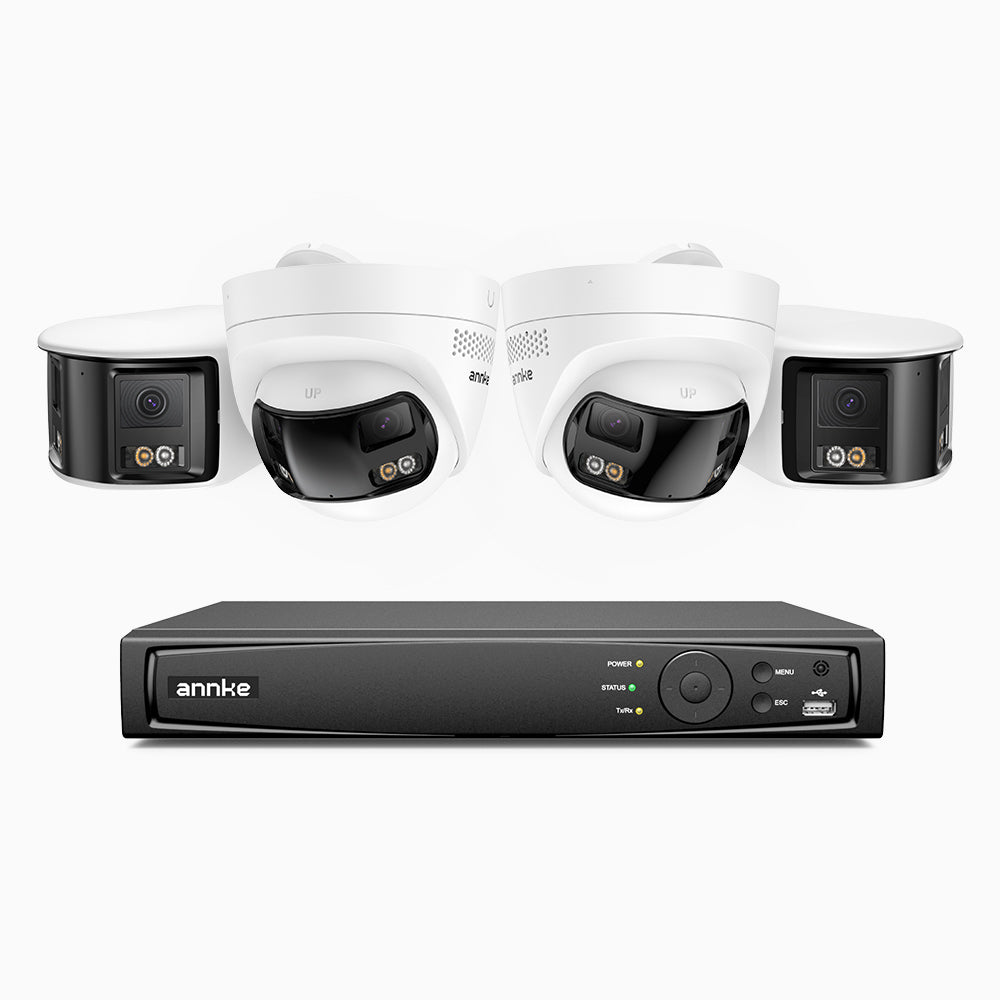 FDH600 - Kit videosorveglianza PoE doppia lente 8 canali 6MPX, 2 telecamere bullet e 2 telecamere, ultra grandangolo 180°, visione notturna intelligente a doppia luce, audio bidirezionale, sirena e allarme attivi, rilevamento persone e veicoli, IP67