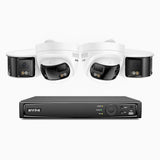 FDH600 - Kit videosorveglianza PoE doppia lente 8 canali 6MPX, 2 telecamere bullet e 2 telecamere, ultra grandangolo 180°, visione notturna intelligente a doppia luce, audio bidirezionale, sirena e allarme attivi, rilevamento persone e veicoli, IP67
