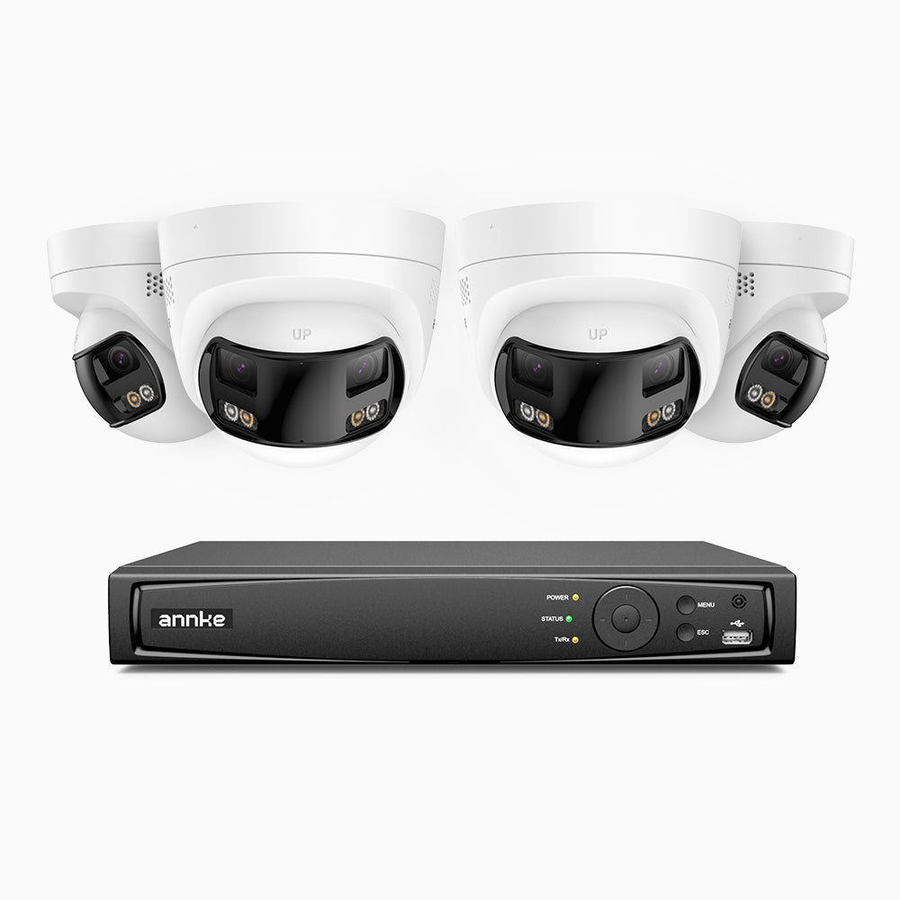 FDH800 - Kit videosorveglianza PoE 8 canali con 4 doppia lente telecamere 4K, vista panoramica a 180°, visione notturna intelligente a doppia luce, audio bidirezionale, sirena e allarme attivi, rilevamento persone e veicoli, IP67