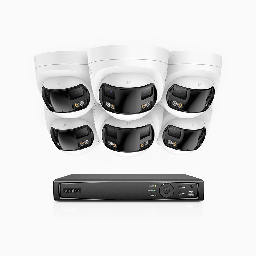 FDH600 - Kit videosorveglianza PoE 8 canali con 6 doppia lente telecamere 6MPX, ultra grandangolo 180°, visione notturna intelligente a doppia luce, audio bidirezionale, sirena e allarme attivi, rilevamento persone e veicoli, IP67