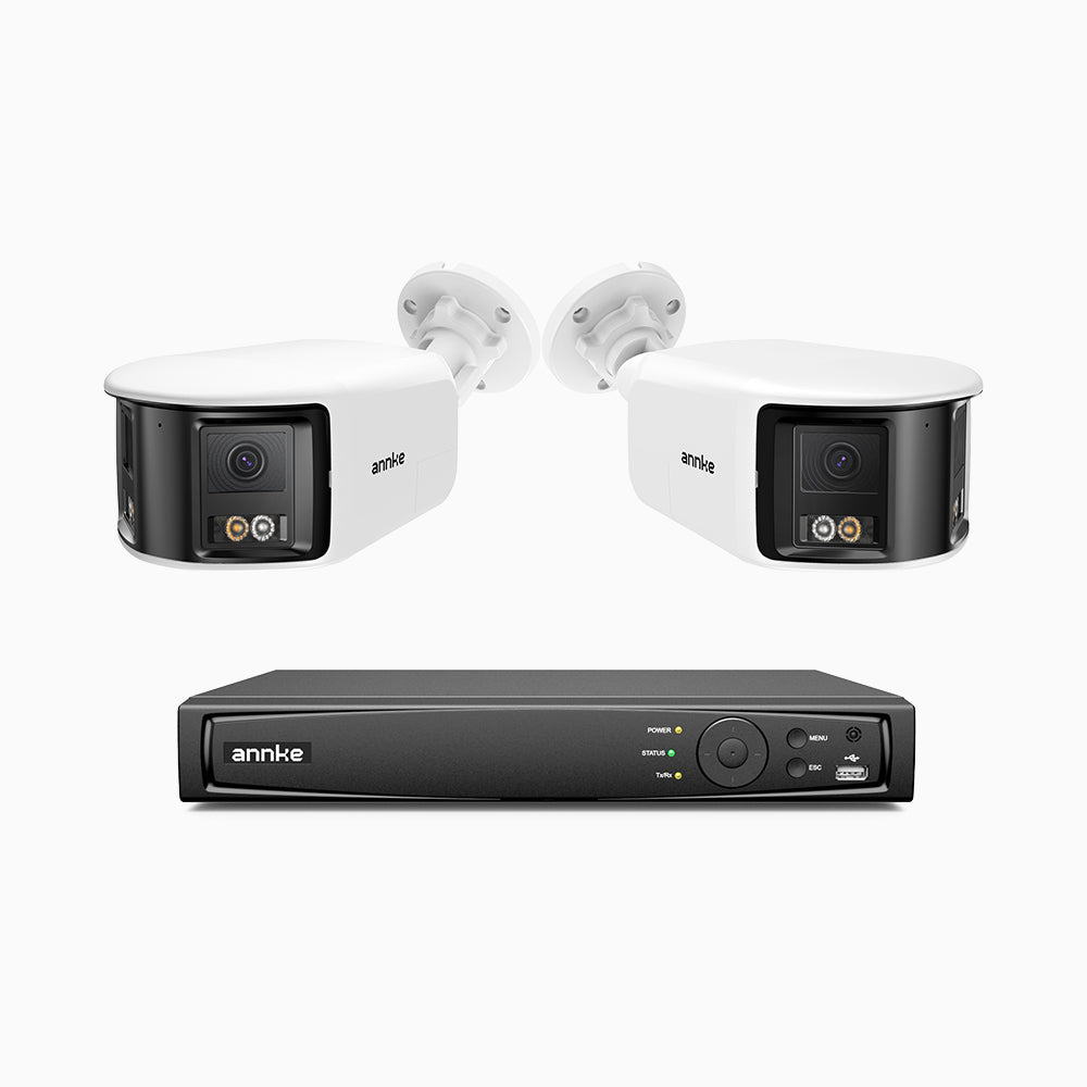 FDH800 - Kit videosorveglianza PoE 8 canali con 2 doppia lente telecamere 4K, vista panoramica a 180°, visione notturna intelligente a doppia luce, audio bidirezionale, sirena e allarme attivi, rilevamento persone e veicoli, IP67